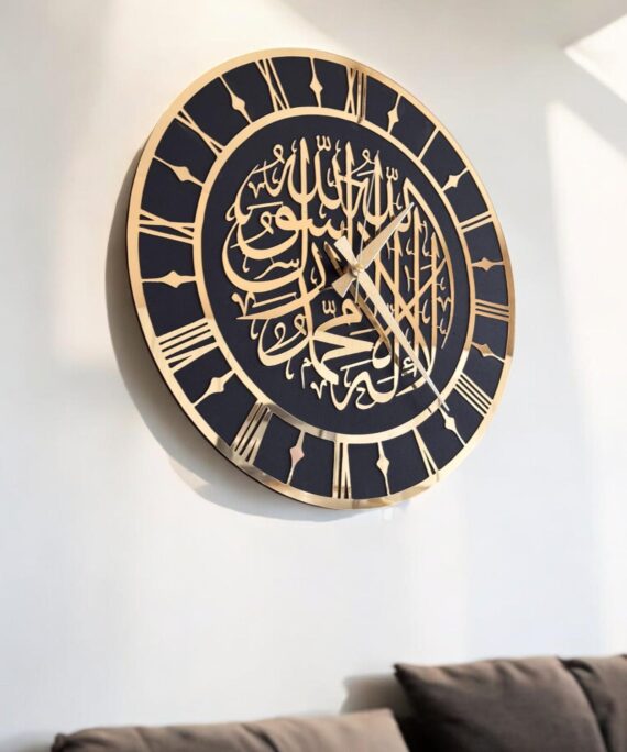 First Kalimah Islamic Wall Art & Clock – Handcrafted Arabic Calligraphy Decor for Prayer Rooms, Eid Gifts & Muslim Home Decor